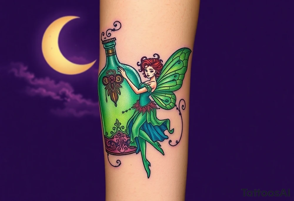 Tim Burton’s pin up style Vintage Parisian elegant and hauntingly beautiful yet eerie full body absinthe Green Fairy dances outside her victorian crystal decatur she was once inside this elaborate ornate bottle absinthe bottle Absinthe Art Nouveau   and dripping with muted reds, dusty pinks, and eerie green glow.purple and cyan smokey clouds swirl in the crescent moonlit sky thats sprinkled with stars tattoo idea