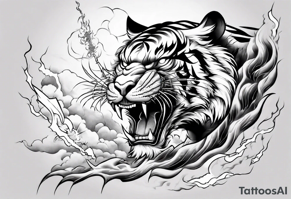 Tiger warrior with lightning and the sun for a forearm sleeve tattoo idea