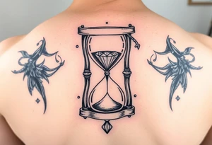 Simple but nice hourglass with trippy art details and a diamond and grim reaper. tattoo idea