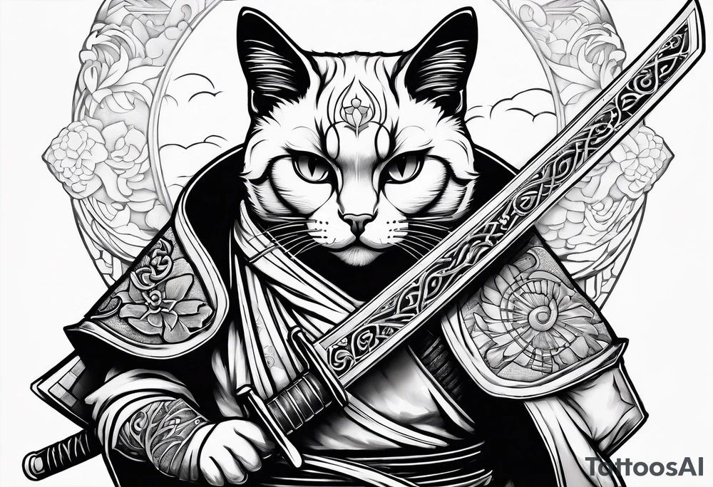 Siamese samurai cat holding a rusty katana tattoo idea