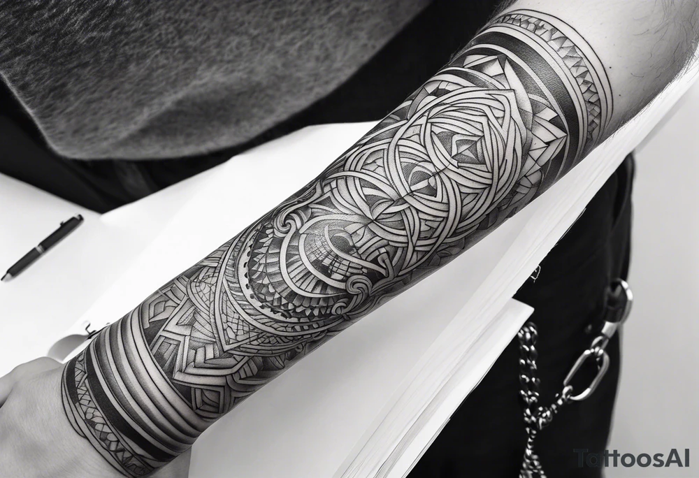 armband tattoo, masculine, narrow, horizontal with atoms chain pattern tattoo idea