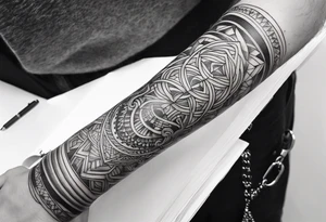 armband tattoo, masculine, narrow, horizontal with atoms chain pattern tattoo idea