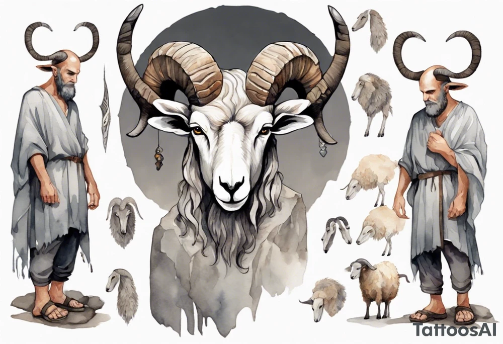 a solitary broad-shouldered man with the head of a big-horned sheep, wearing a grey tunic standing before a cave with cloven hooves for feet tattoo idea