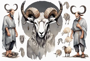 a solitary broad-shouldered man with the head of a big-horned sheep, wearing a grey tunic standing before a cave with cloven hooves for feet tattoo idea