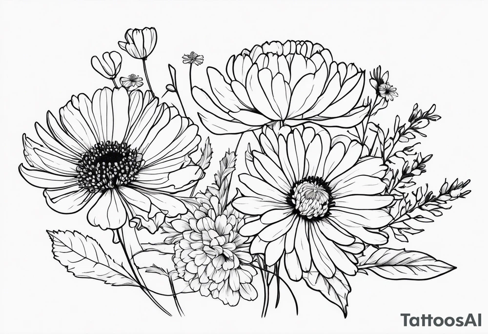 Chrysanthemum with wildflowers, poppy, complimentary flowers tattoo idea