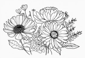 Chrysanthemum with wildflowers, poppy, complimentary flowers tattoo idea