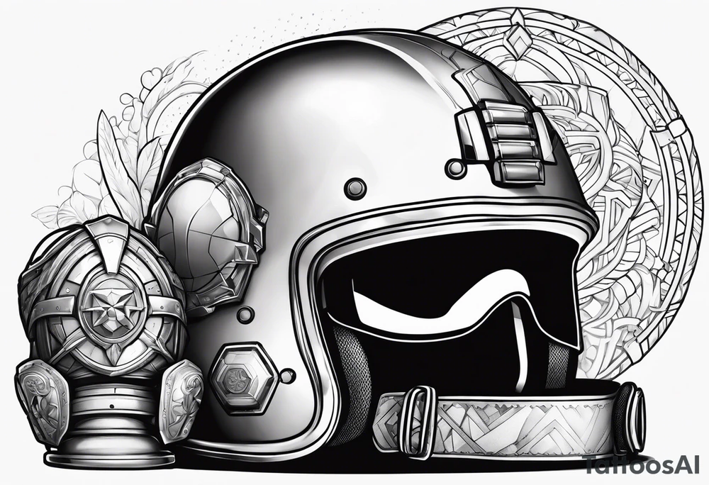 Helmet of soldier and a kid toy next to it. tattoo idea