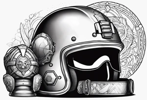 Helmet of soldier and a kid toy next to it. tattoo idea