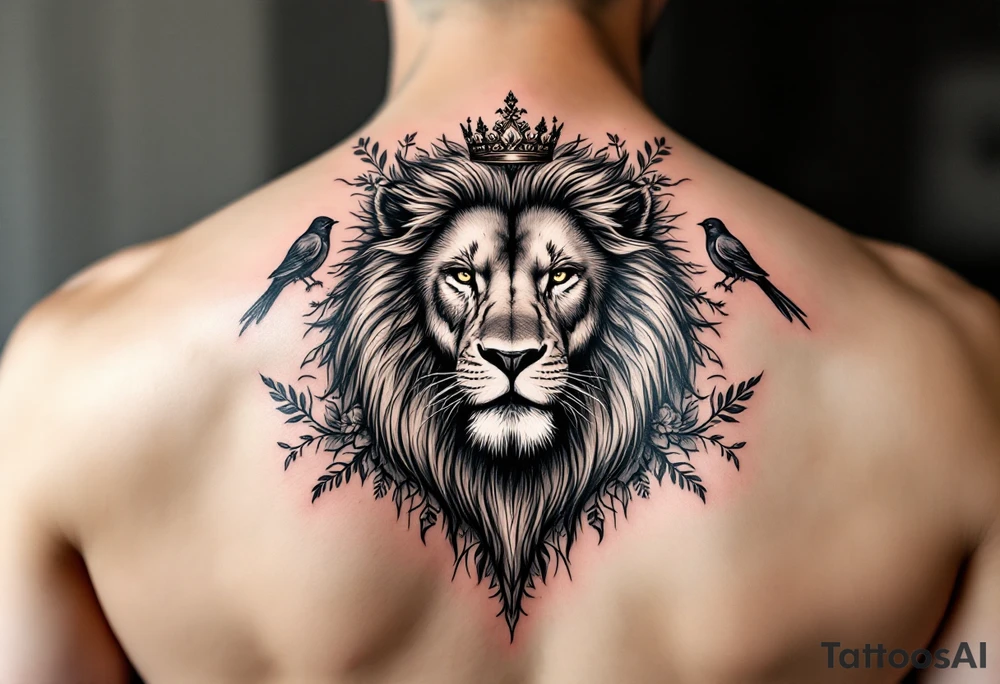 powerful majestic lion with a crown, surrounded by floral ornaments and birds tattoo idea
