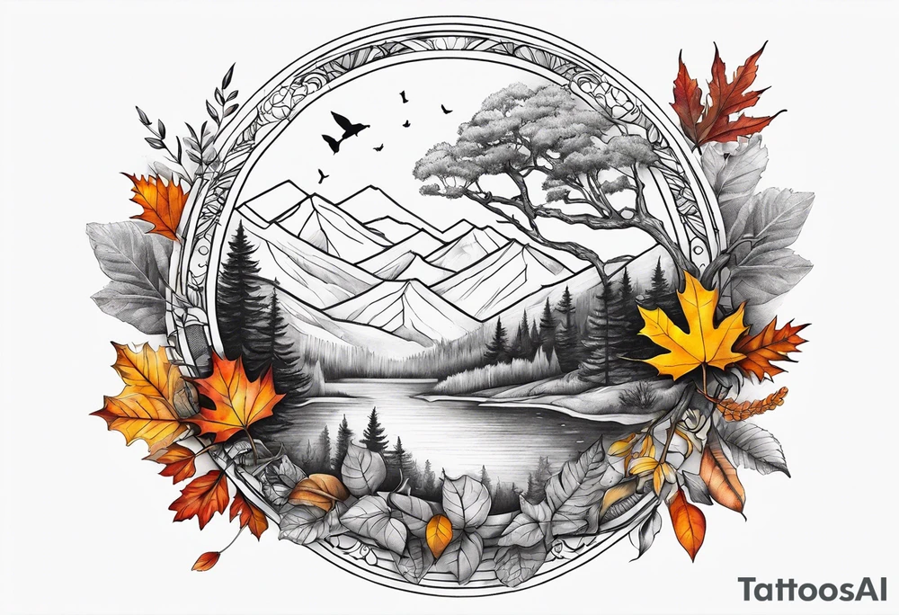 thigh tattoo with fall colors and nature theme tattoo idea