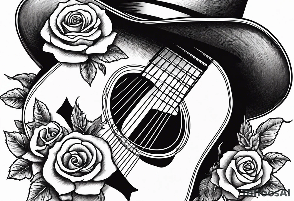 Country acoustic guitar with cowboy hat, barbed wire and roses in background tattoo idea
