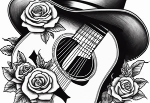 Country acoustic guitar with cowboy hat, barbed wire and roses in background tattoo idea