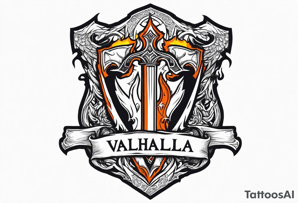 valhalla on fire sword shield axe tattoo idea