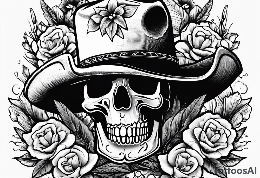 Mexican skull-wearing cowboy hat with art paintbrushes and bluebonnet flowers tattoo idea