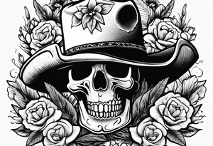 Mexican skull-wearing cowboy hat with art paintbrushes and bluebonnet flowers tattoo idea