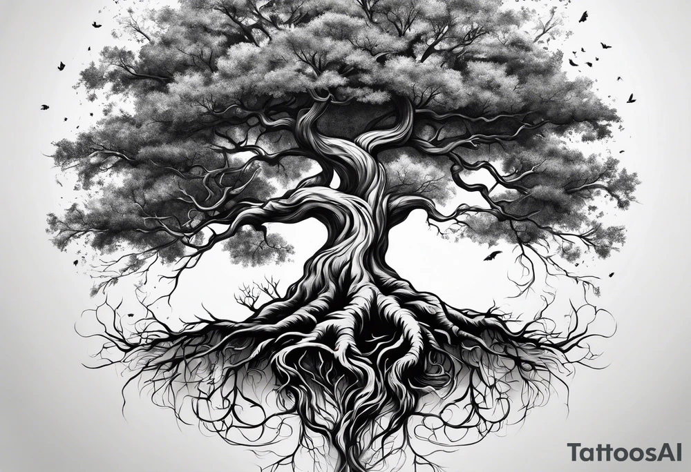 A tree with roots spreading out, symbolizing strength and grounding tattoo idea
