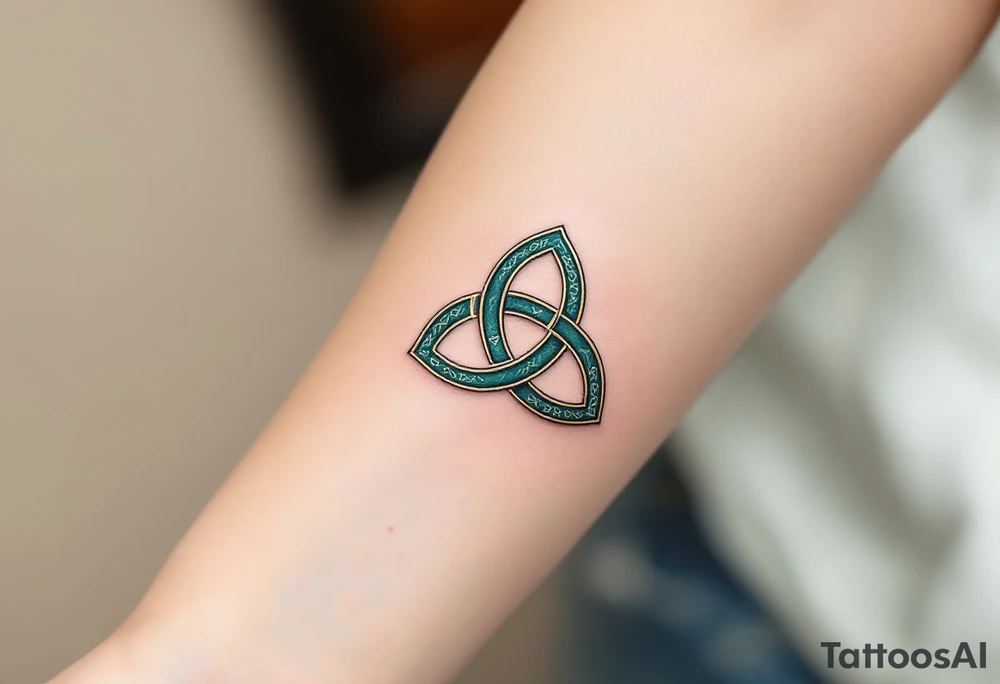 A Celtic triquetra with an intricate knotwork pattern, rendered in deep emerald green and gold, symbolizing eternity and unity. tattoo idea