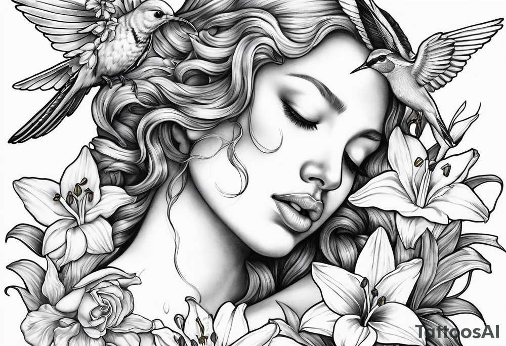 crying angel with head tilted down surrounded by lily, daffodil, rose, daisy, narcissus holding a hummingbird tattoo idea