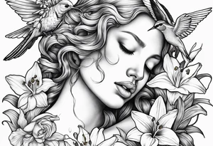 crying angel with head tilted down surrounded by lily, daffodil, rose, daisy, narcissus holding a hummingbird tattoo idea