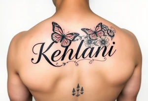 the name kehlani with flowers and butterflies red and black ink tattoo idea