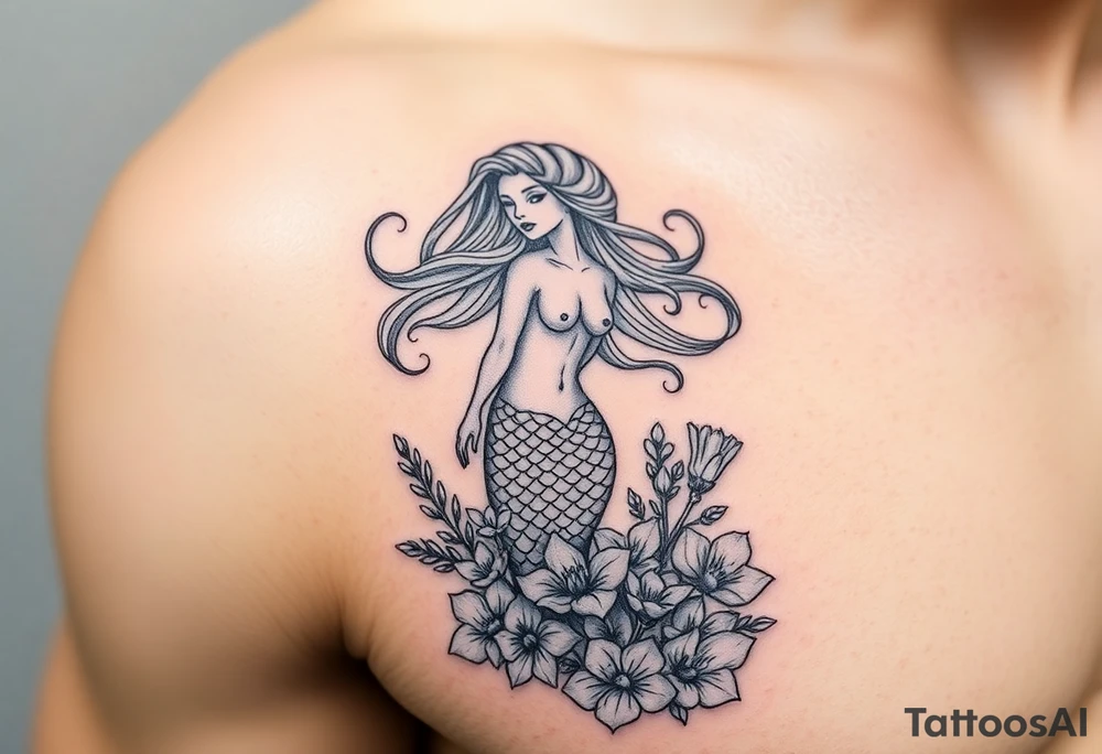 ethereal mermaid with flowing hair among coral and sea flowers tattoo idea