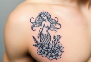 ethereal mermaid with flowing hair among coral and sea flowers tattoo idea