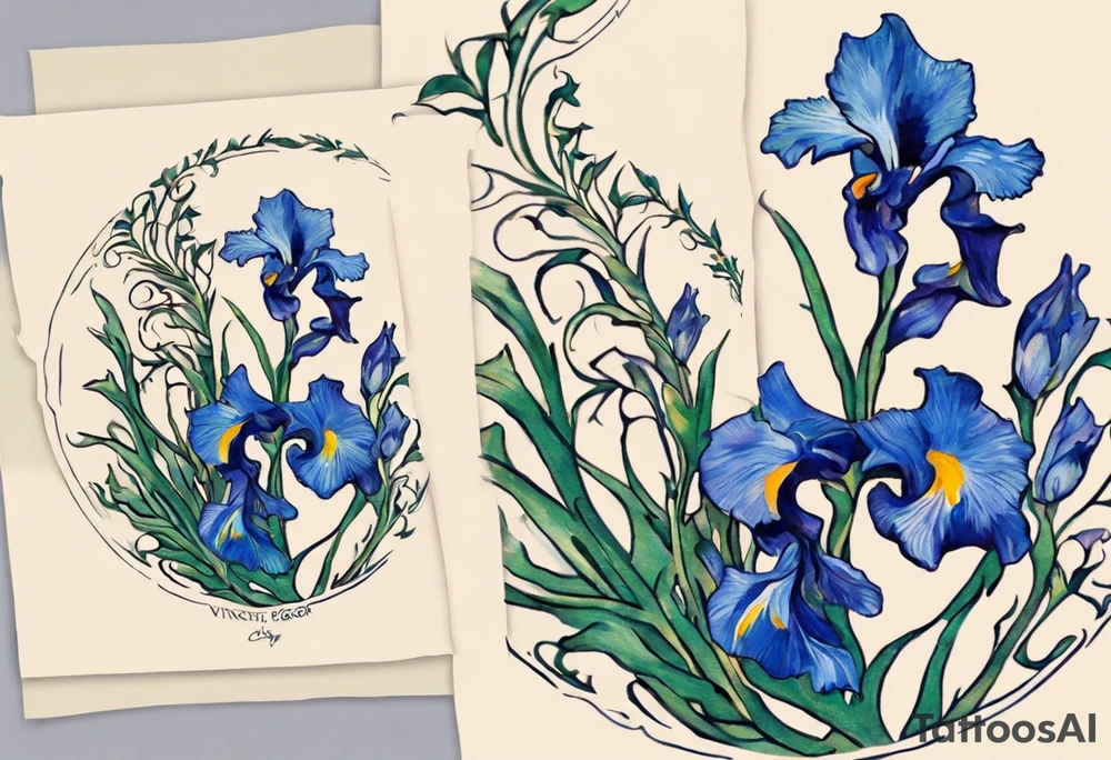 Create a small Vincent van Gogh Irises tattoo. The tattoo should take the form of a crescent, with vines gracefully intertwining at a central point in the middle of the wreath with a bird. The intended placement is on the upper chest. The overall design should be small in size while maintaining a delicate and artistic aesthetic. Pay attention to the graceful flow of the vines and the placement of the irises to achieve a refined and elegant look. tattoo idea