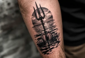 trident with bare feet half way under calm water at sunset tattoo idea