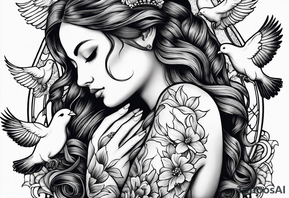 Woman praying hands with doves, full sleeve tattoo idea