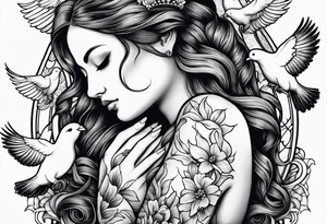 Woman praying hands with doves, full sleeve tattoo idea