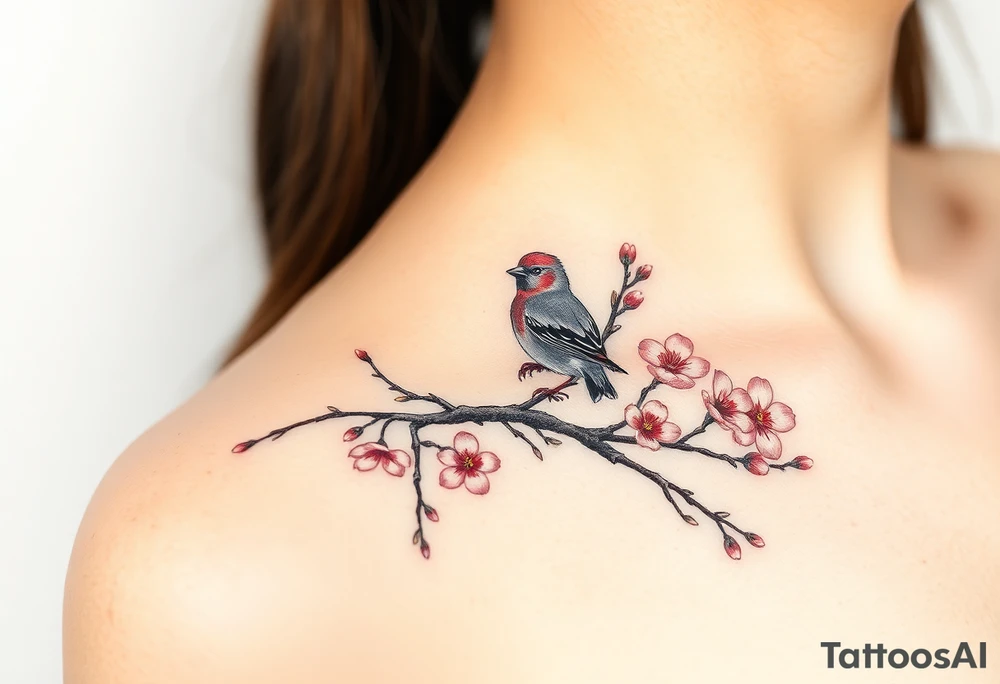 Standing on a plum blossom branch, there is a small sparrow in an ink painting with freehand brushwork and blank space tattoo idea