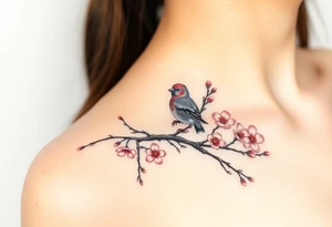 Standing on a plum blossom branch, there is a small sparrow in an ink painting with freehand brushwork and blank space tattoo idea