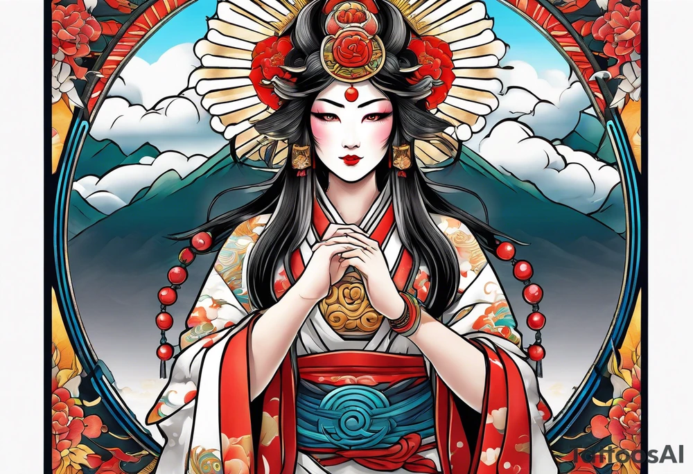 Japanese sun goddess Amaterasu with headdress holing mirror tattoo idea