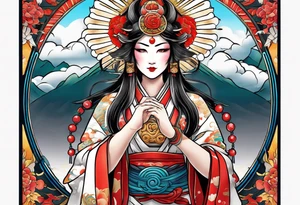 Japanese sun goddess Amaterasu with headdress holing mirror tattoo idea