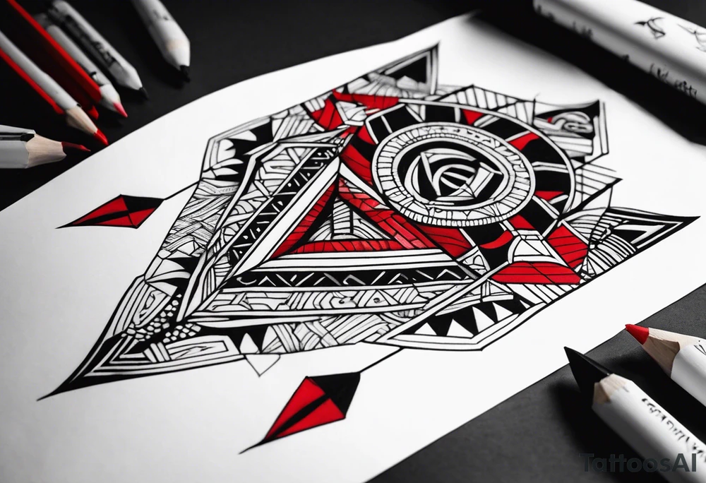 semi Detailed traditional knee tattoo flat on paper. The tattoo features geometric patterns and bold lines, creating a visually striking design with slight tints of deep red. tattoo idea