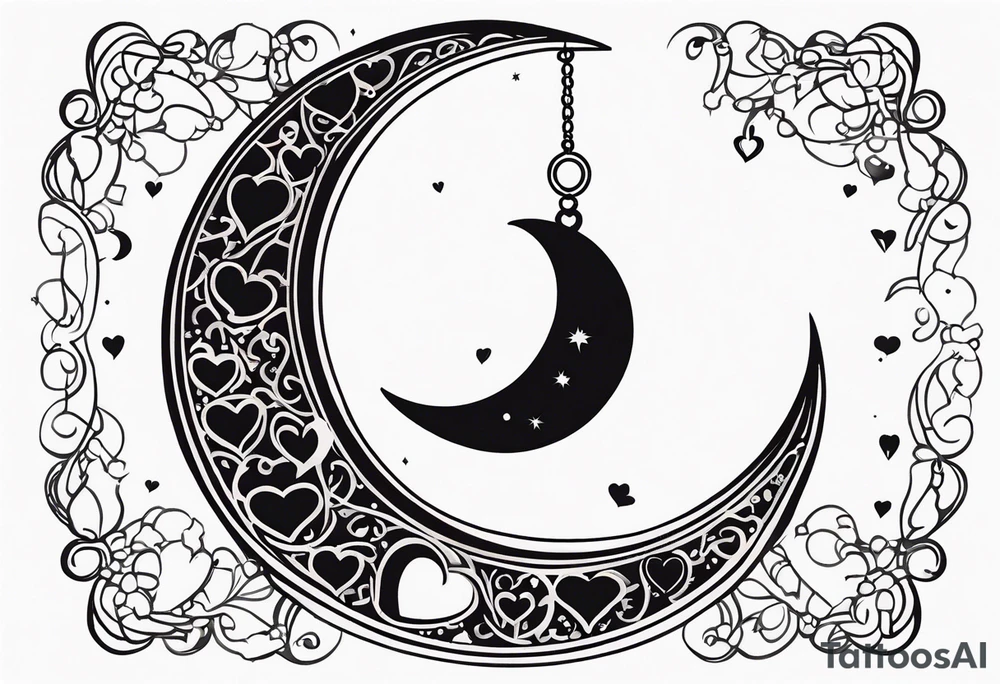 Crescent moon with heart shaped jewels dangling from the bottom of it tattoo idea