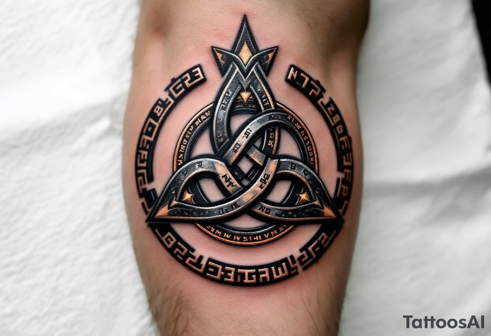 A heavy, Viking-style triskelion with a weathered iron or bronze texture, detailed with runes and Norse knotwork. Dark silver, deep copper, and black shading create a rugged, ancient look, symbolizing strength, resilience, and fate. tattoo idea