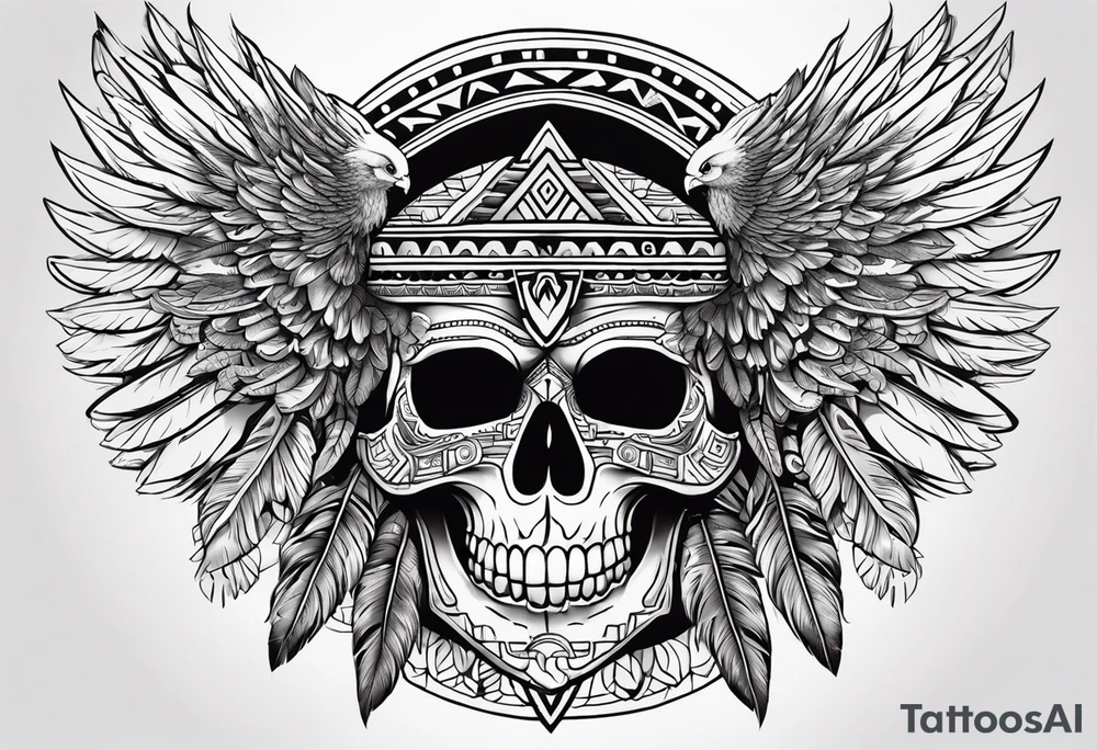 aztec skull tatto, with mexican roots and with eagle or exotic birds in the background with angel wings tattoo idea