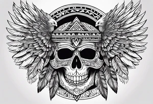 aztec skull tatto, with mexican roots and with eagle or exotic birds in the background with angel wings tattoo idea