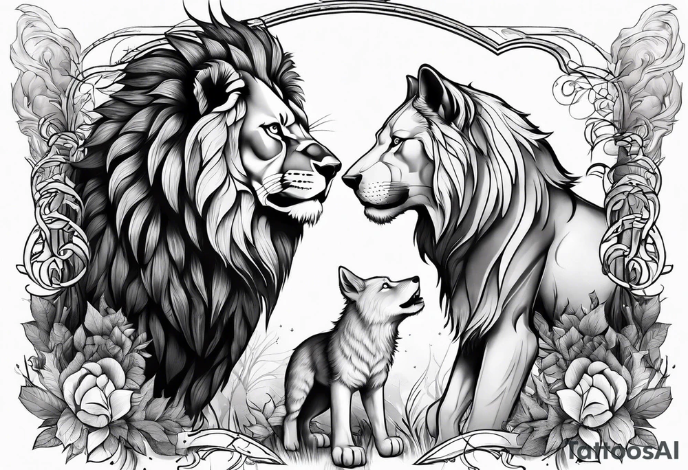 lion and wolf together but playful tattoo idea