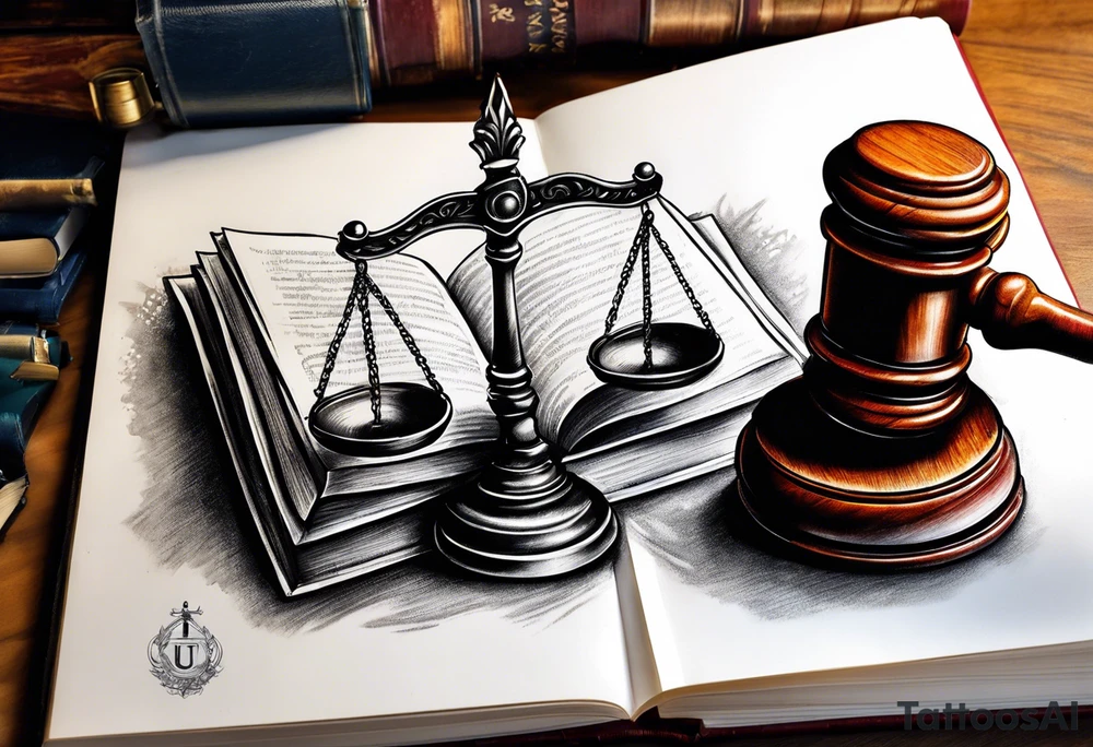 Law scales of justice books gavel tattoo idea