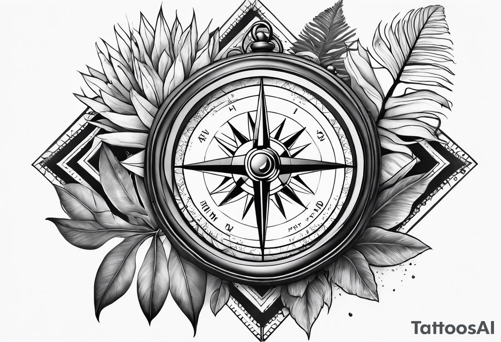 full sleeve tattoo, jungle plants, compass with eye inside compass tattoo idea