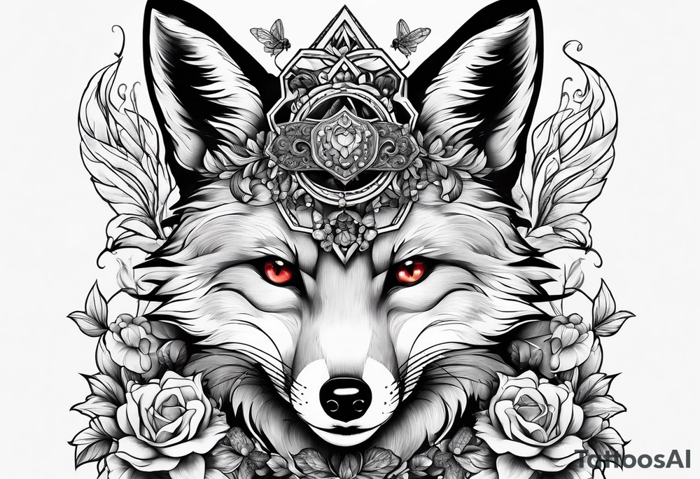 Fox with honey bee and ruby gemstone tattoo idea