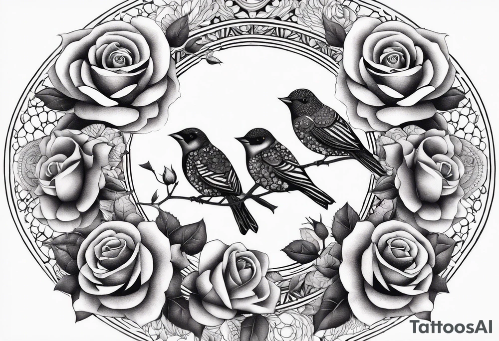 Birds and Roses dot work mandala tattoo idea