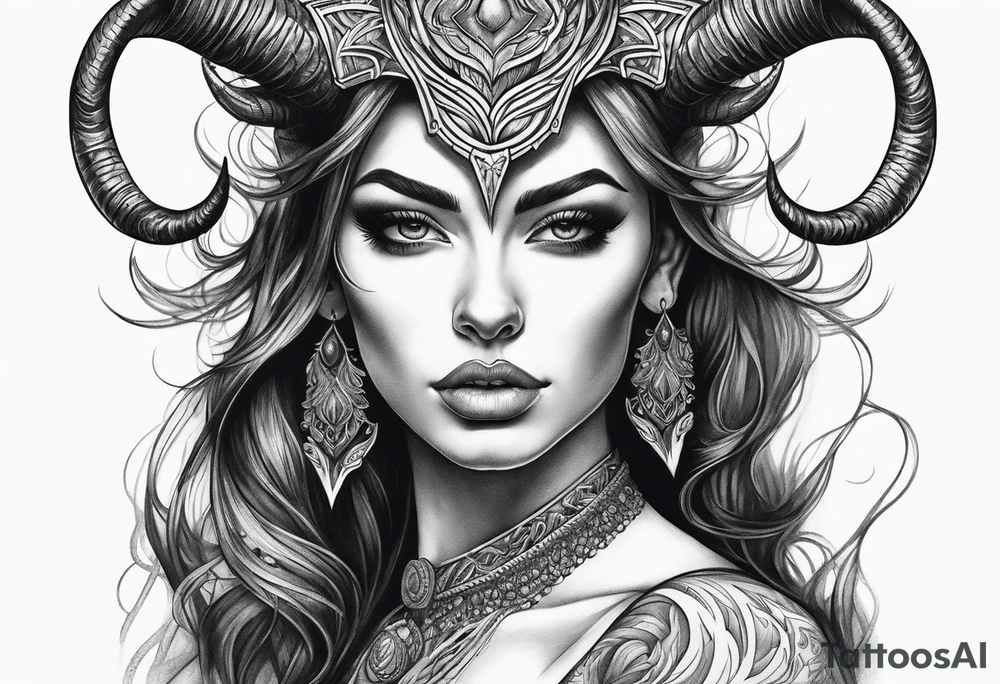 Dark realism beautiful woman looking
face forward with curved horns facing downwards tattoo idea