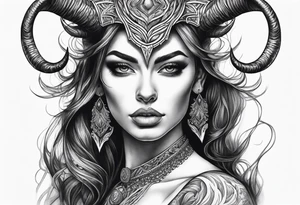 Dark realism beautiful woman looking 
face forward with curved horns facing downwards tattoo idea