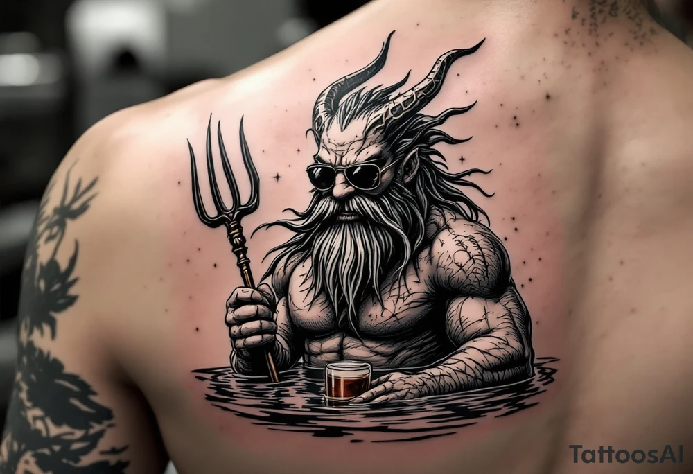 smiling poseidon in calm water, holding a trident, holding a beer, with sunglasses tattoo idea