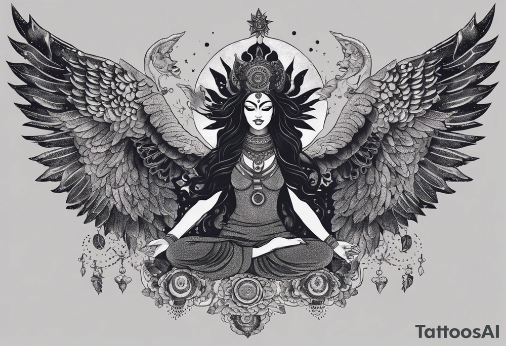black kali, goddess pirate, alien, angel, pachamama, valkrye, warrior, flying, skull, lotus azul, wing, eagle, zenza resonance, stars, 5D, anahata chakra, death, durga, riding on a tiger, flying lady, kundalini, chest tatoo, samuri, rebel,serpent tattoo idea