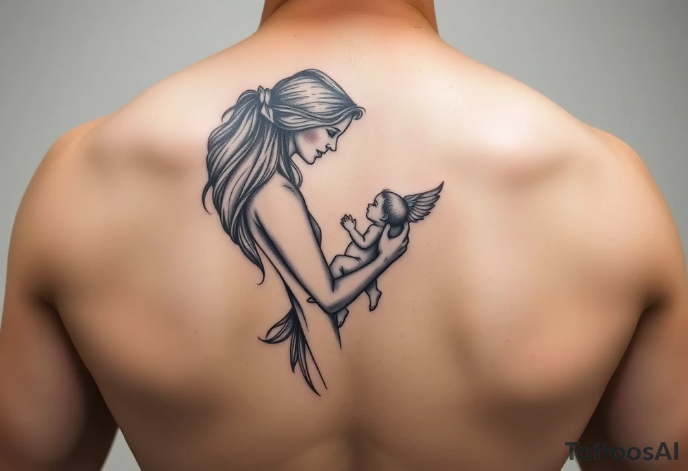 Mother holding baby in the air, baby has wings, watercolor and minimalist tattoo idea