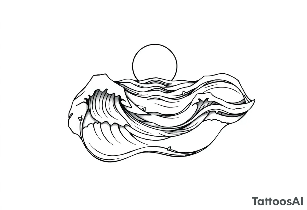 Wrap-around tattoo design on the forearm, black and white line art. Stylized calm sea with flowing waves wrapping around the arm, horizon line extending seamlessly. Above the horizon, a glowing sun or moon integrated into the circular flow, with subtle Norse runes (Algiz, Raido) hidden in the light. Balanced, elegant, marine and mythological atmosphere. Clean outlines, high contrast, stencil-ready for forearm tattoo. tattoo idea